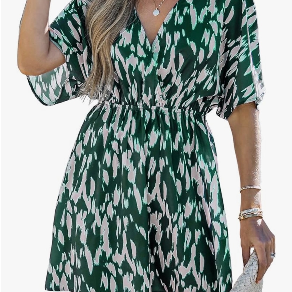 Short Sleeve Wrap V-Neck Print Elastic Waist